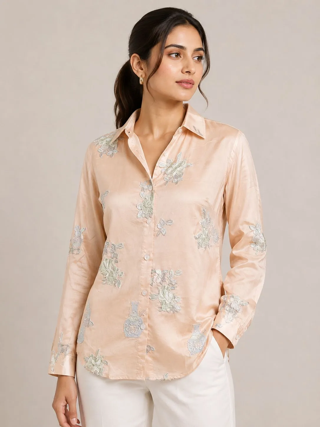 peach embroidered shirt